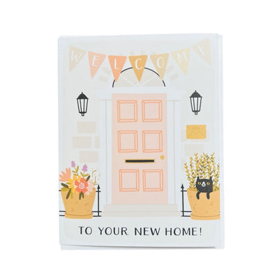 Greeting card reads: Welcome to your New Home! Illustration features the front door of a home.