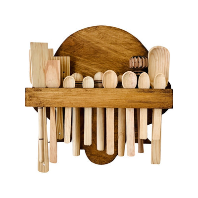 Michoacán Cucharero wood spoon holder front view with all included utensils