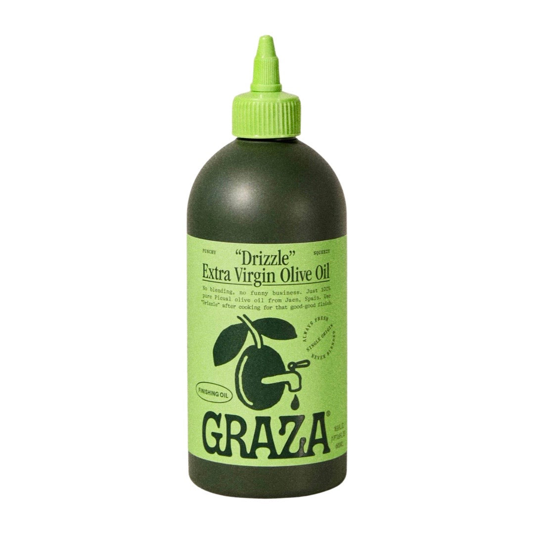 A green plastic bottle with a lime green squirt top and lime green label and dark green font that features an image of an olive with a spout coming out of it. The bottle contains 16.9 Fl oz. 