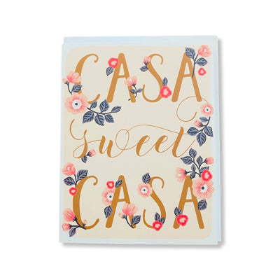Greeting card reads: Casa Sweet Casa, English translation is home sweet home. Illustration features flowers with long stems and leaves surrounding the text.