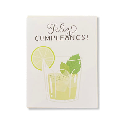 Greeting card reads: Feliz Cumpleanos, English translation is Happy Birthday. Illustration features a mojito cocktail.