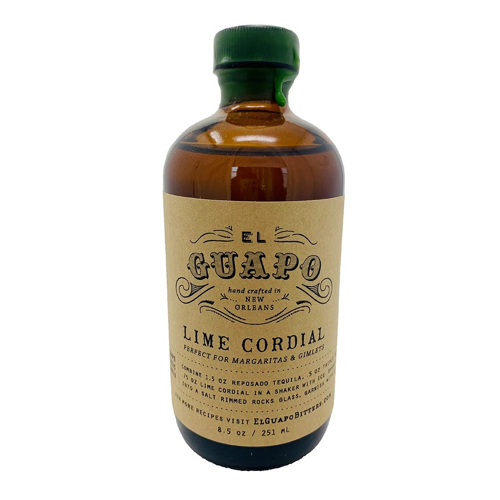 Front view of Lime Cordial Syrup in brown branded glass bottle, lid is sealed with green wax