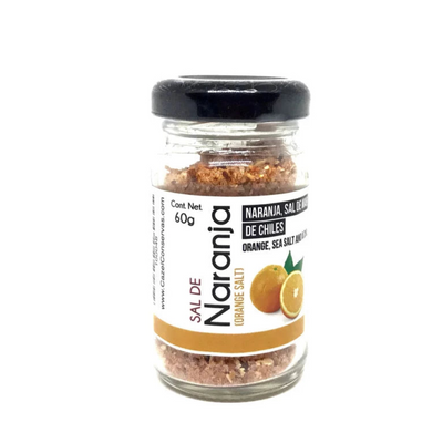 front view of Sal de Naranja (Orange Salt) in clear glass branded jar