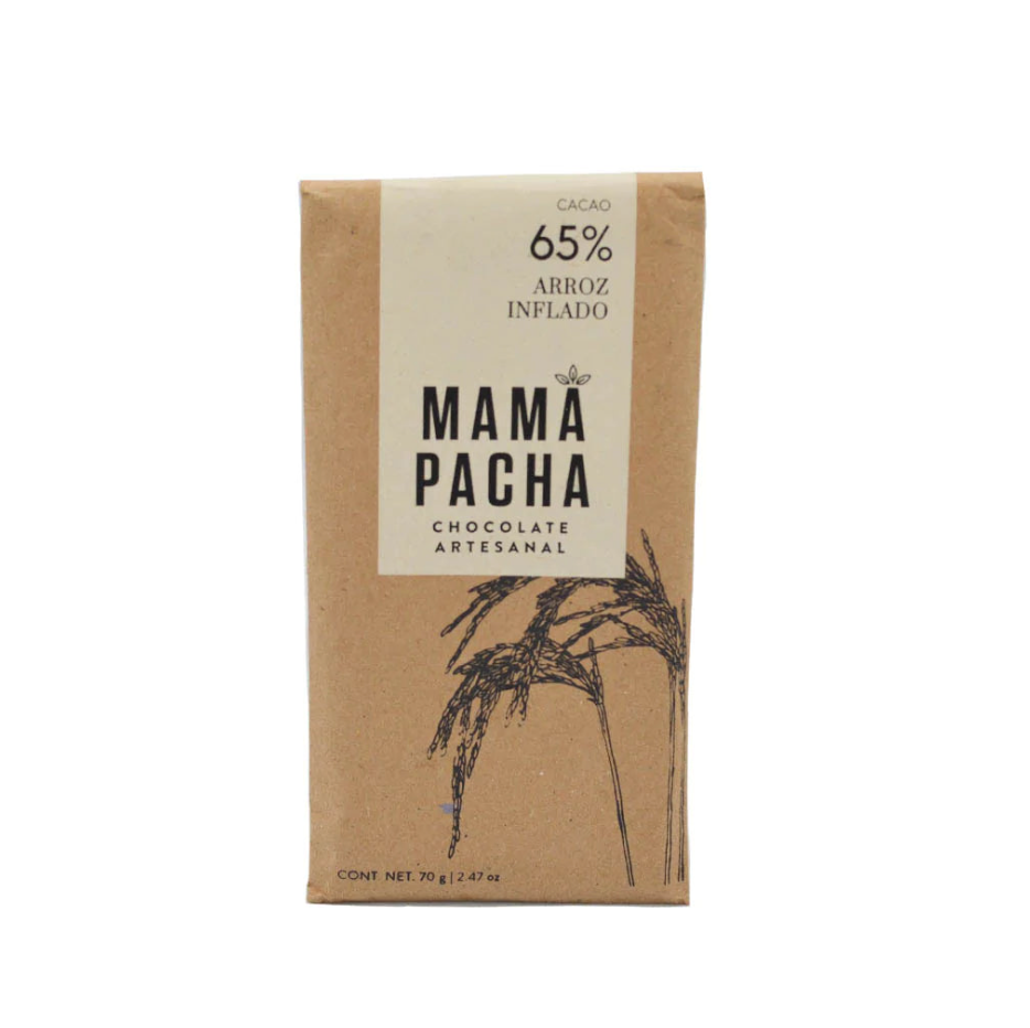 Front view of Mama Pacha Chocolate - 65% Arroz Inflado wrapped in brown branded paper packaging