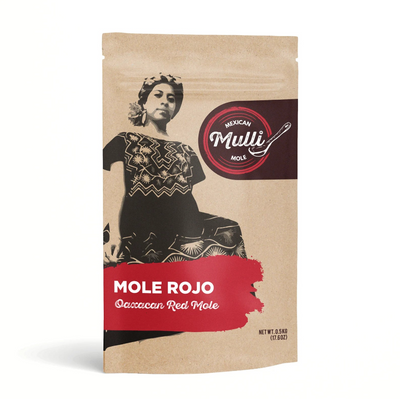 Front view of Mexican Mulli Mole - Mole Rojo in brown branded pouch with ziploc style closure