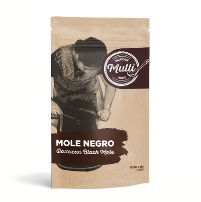 Front view of Mexican Mulli Mole - Mole Negro in brown branded pouch with ziploc style closure