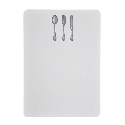 Notecard features spoon, fork, and knife illustration illustration at top center