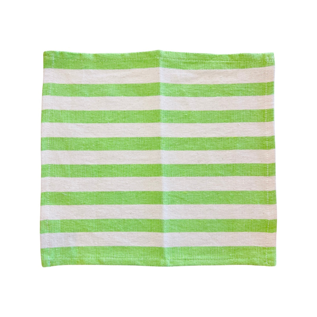 Natural and lime green striped dish towel fully opened