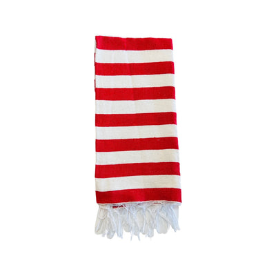 Natural and red striped handwoven kitchen towel quarter folded