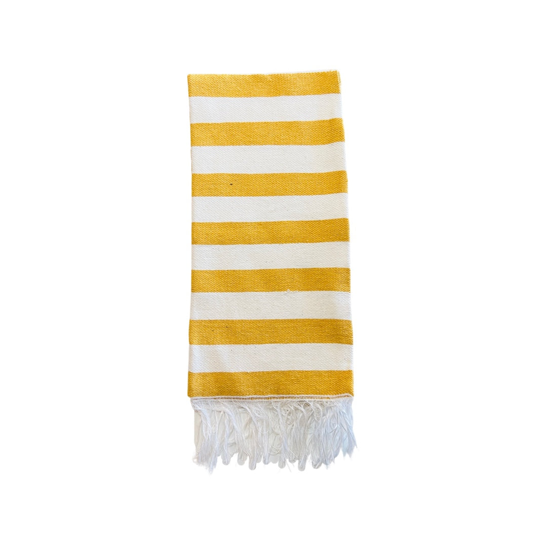 Natural and yellow striped handwoven kitchen towel quarter folded