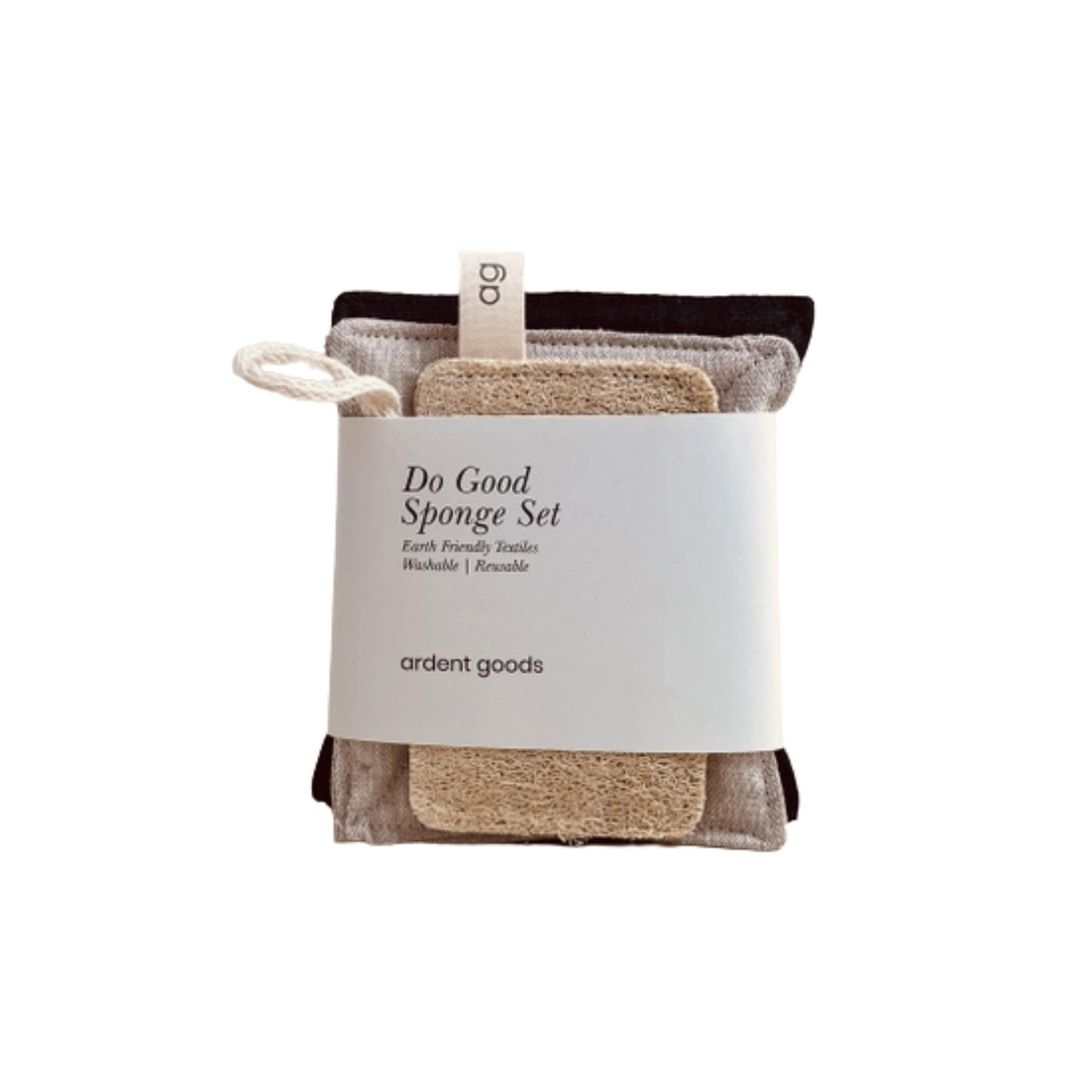 Neutral colored sponge linen loofah set wrapped in branded packaging.