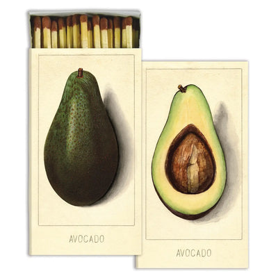 set of matches that feature an avocado that is cut in half on each box