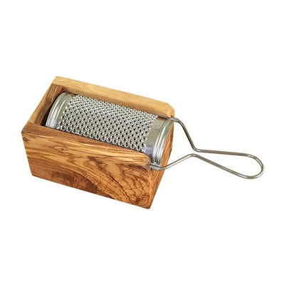 wood rectangular box and silver metal cheese grater with handle