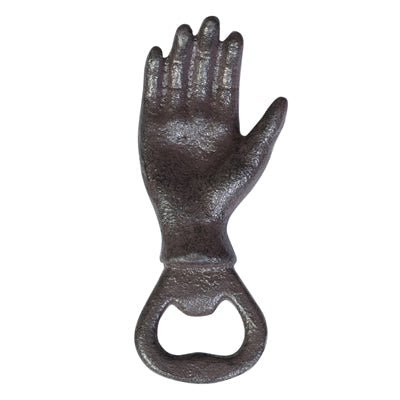 Cast iron bottle opener with hand shaped handle