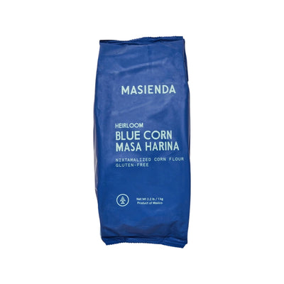Front view of Heirloom Masa Harina - Blue Cónico in blue plastic branded packaging