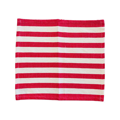Natural and red striped dish towel fully opened.