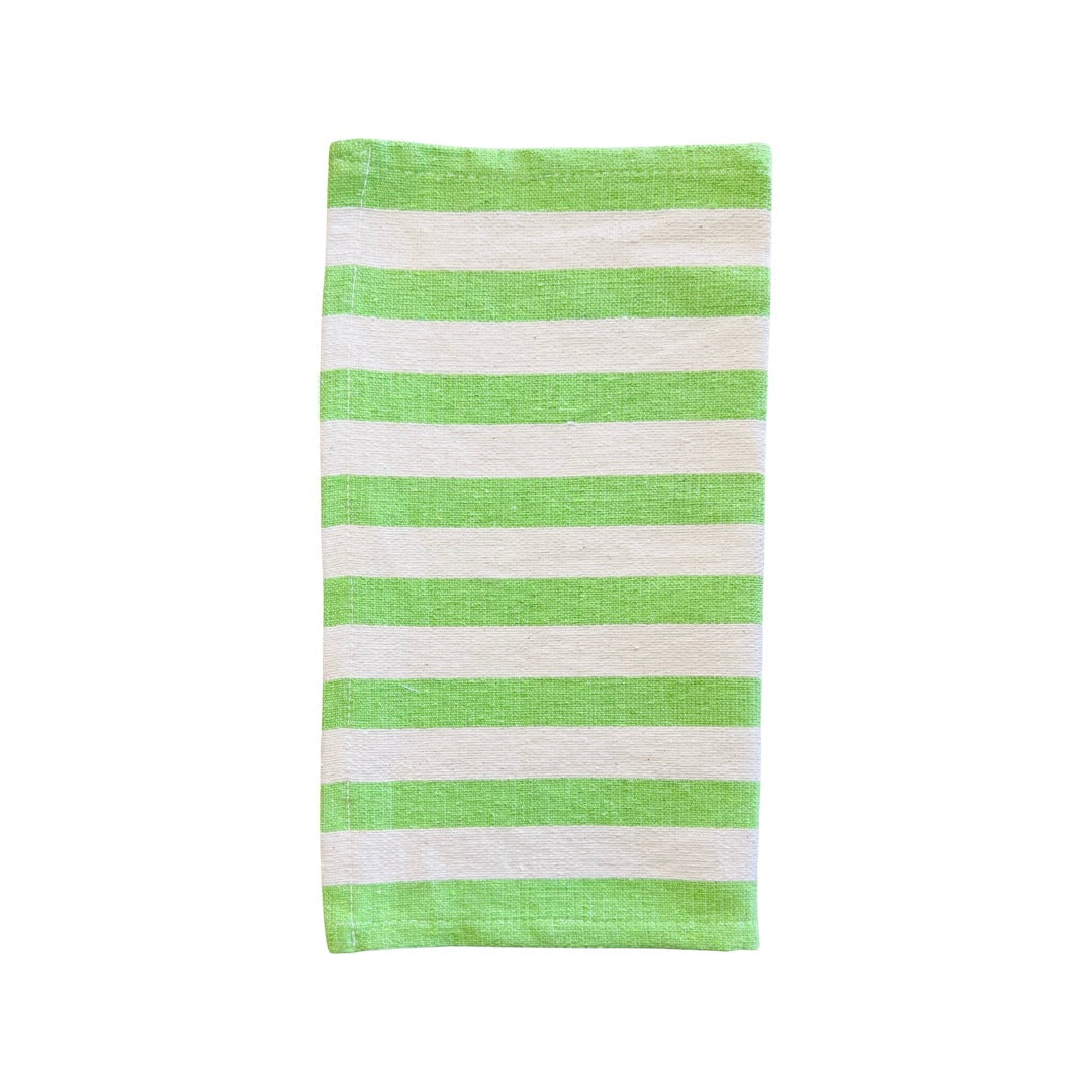 Natural and lime green striped dish towel half folded