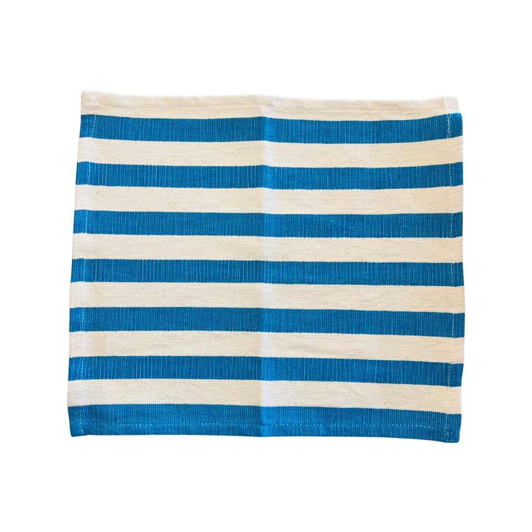 Natural and teal striped dish towel fully opened