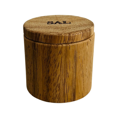 Light wooden salt box  with the Spanish word for salt, sal, engraved on the lid.