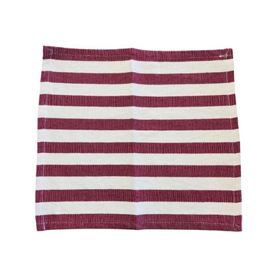 Natural and burgundy striped dish towel fully open.