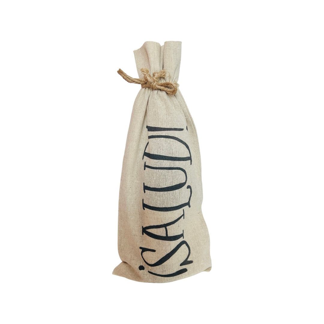 Linen wine bag with a tie string featuring the phrase Salud in black lettering. Translation: Cheers!