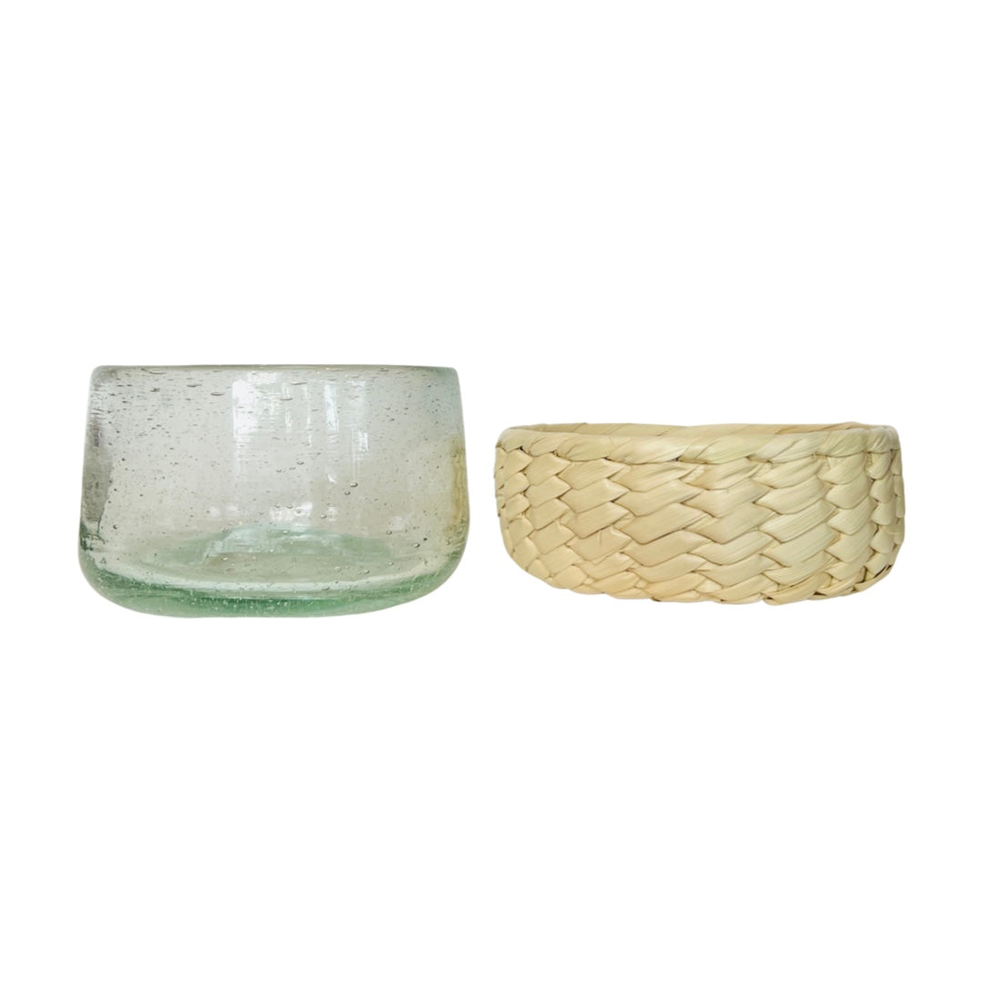 Mexican Glass Mezcal Glass with a natural palm cover side by side
