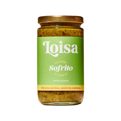 12 oz clear jar of sofrito with a green brand label