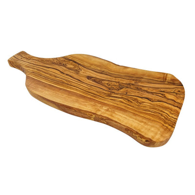 single rustic olive wood serving board with a handle
