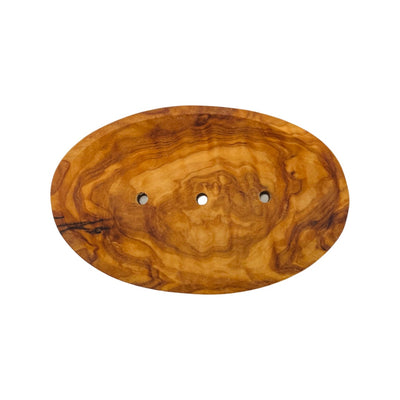 Top view of an olive wood oval shaped soap dish