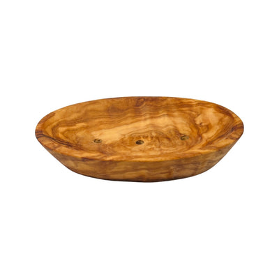 side view of an olive wood oval shaped soap dish