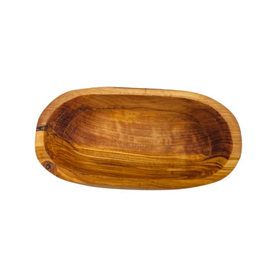 top view of an olive wood oval shaped bowl