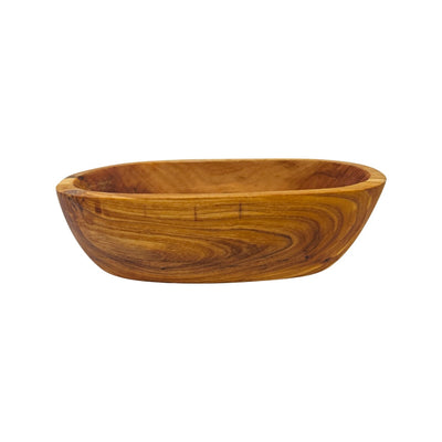 side view of an olive wood oval shaped bowl
