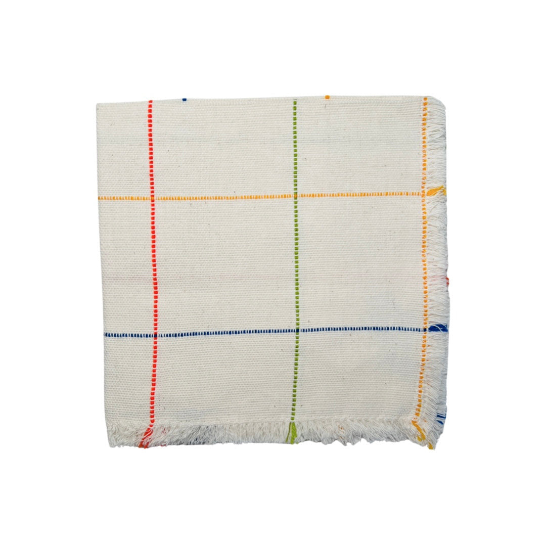 Natural and thin stripes of blue, green, red and yellow handwoven napkin quarter folded