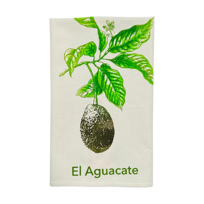 folded off white tea towel with printed graphic of an avocado and avocado tree branch, also reads "El Aguacate" meaning the avocado