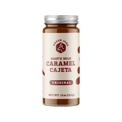 11 oz jar of goat's milk caramel cajeta with cream colored branded label.