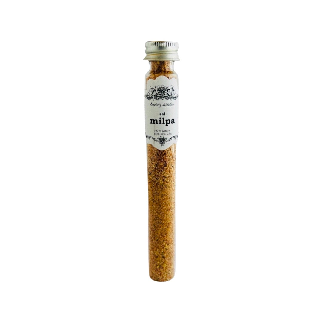 front view of Sal de Milpa in clear glass branded tube