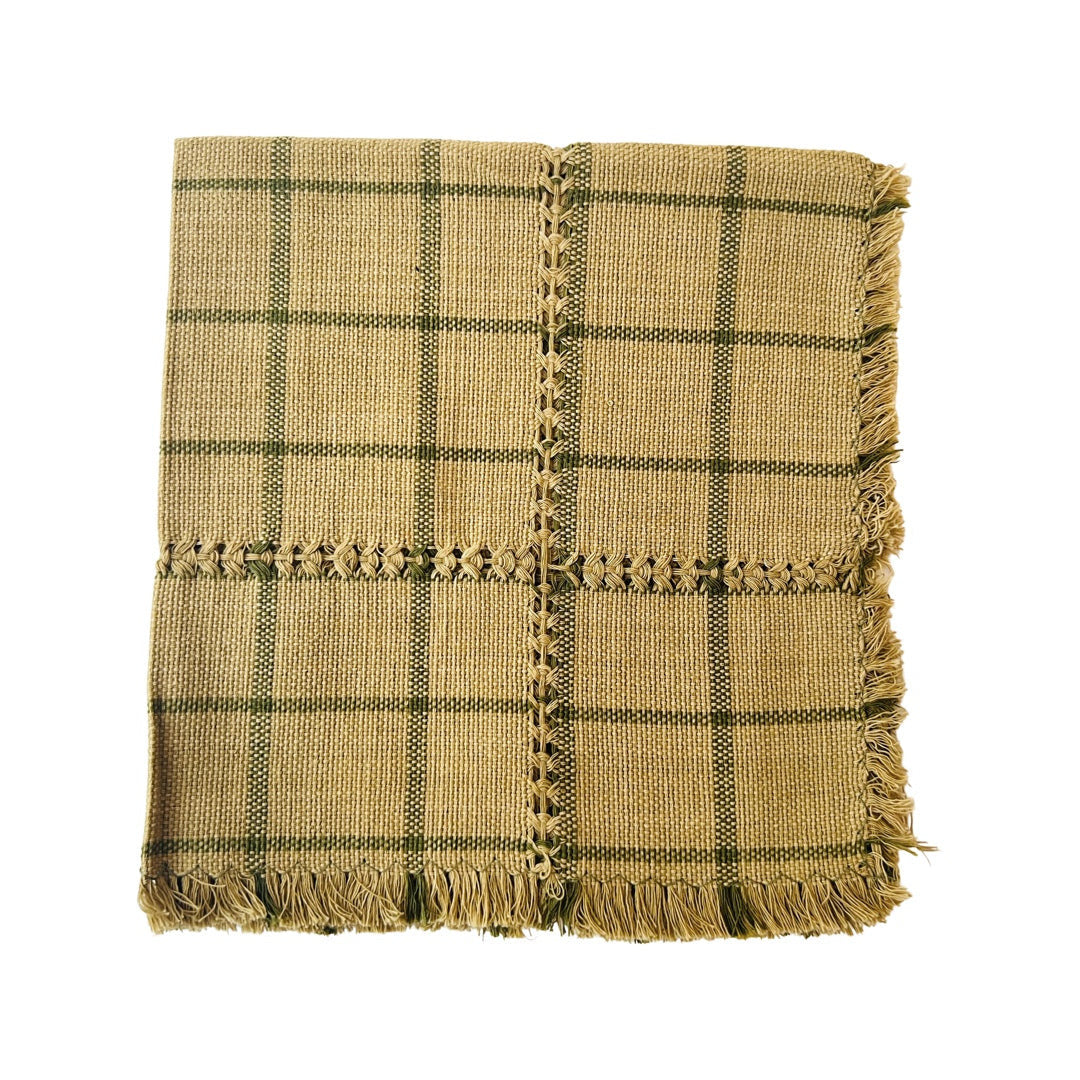 quarter folded handwoven Cotton Plaid Napkin in brown and forest green.