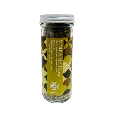 front view of Yerba Mate Tea in clear glass branded jar