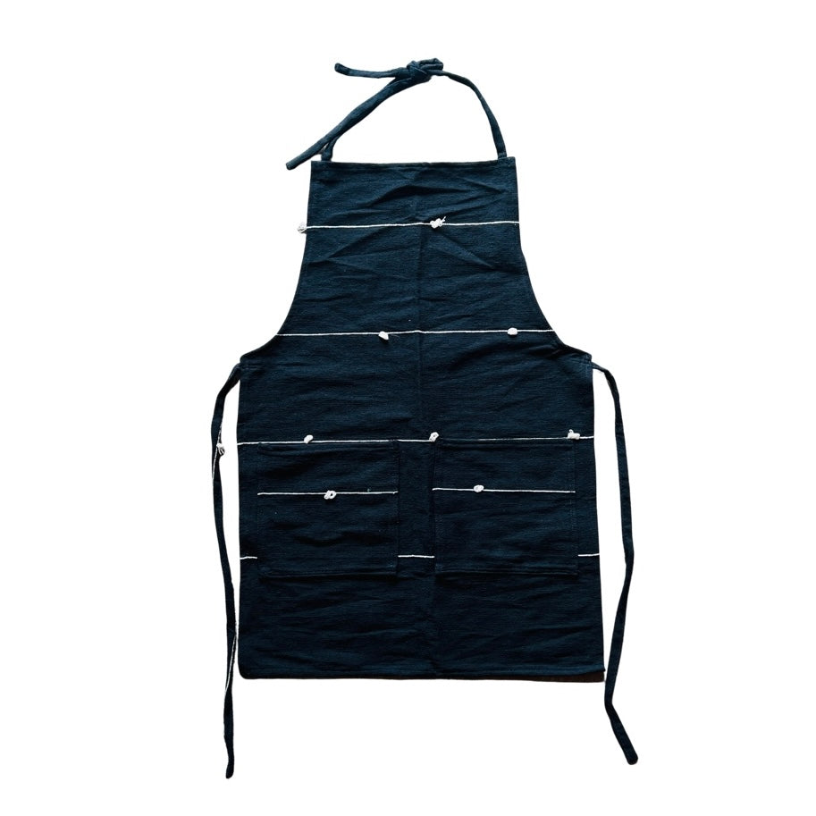 Black cotton woven apron with two front pockets