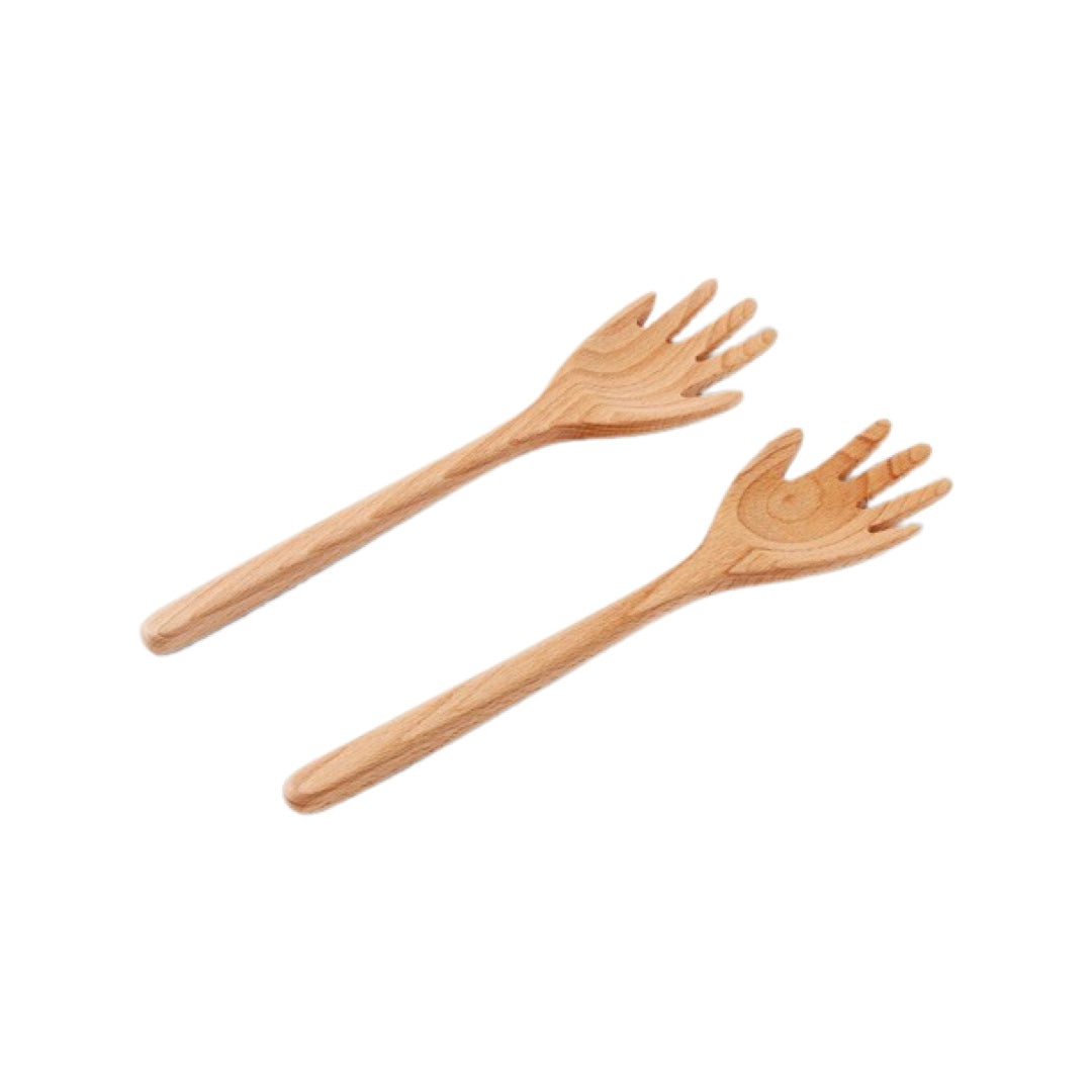 Set of 2 beech wood serving spoons in the shaped of hands.