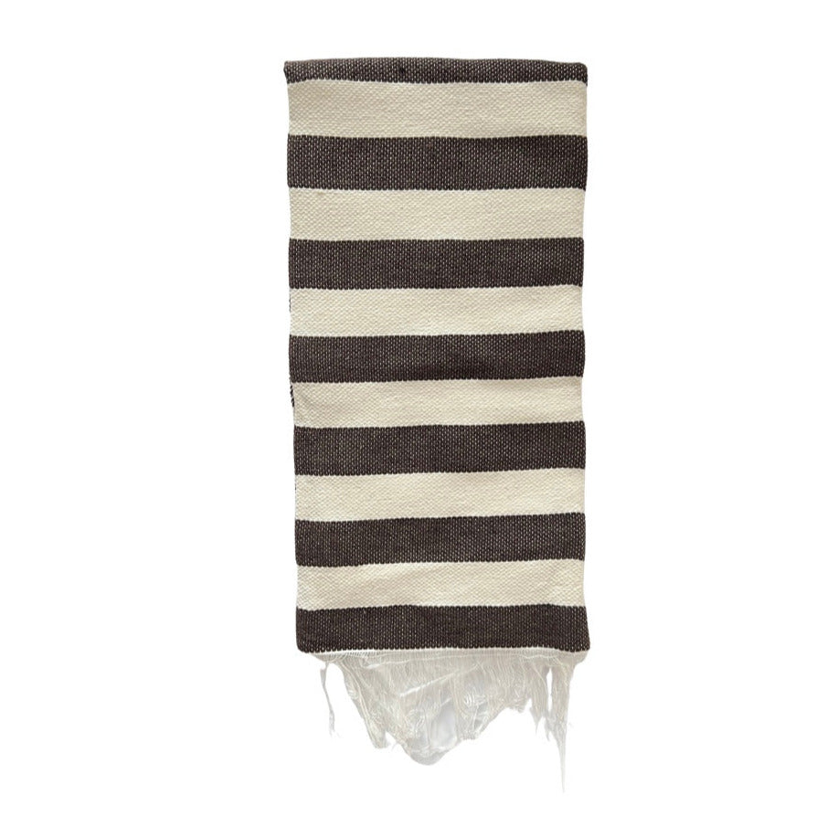 Natural and dark brown striped handwoven kitchen towel quarter folded
