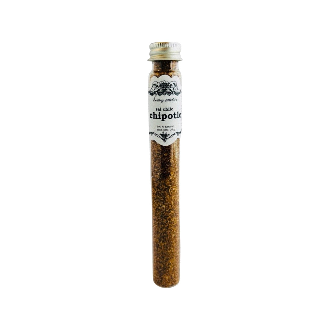front view of Sal de Chile Chipotle in clear glass branded tube with silver colored lid
