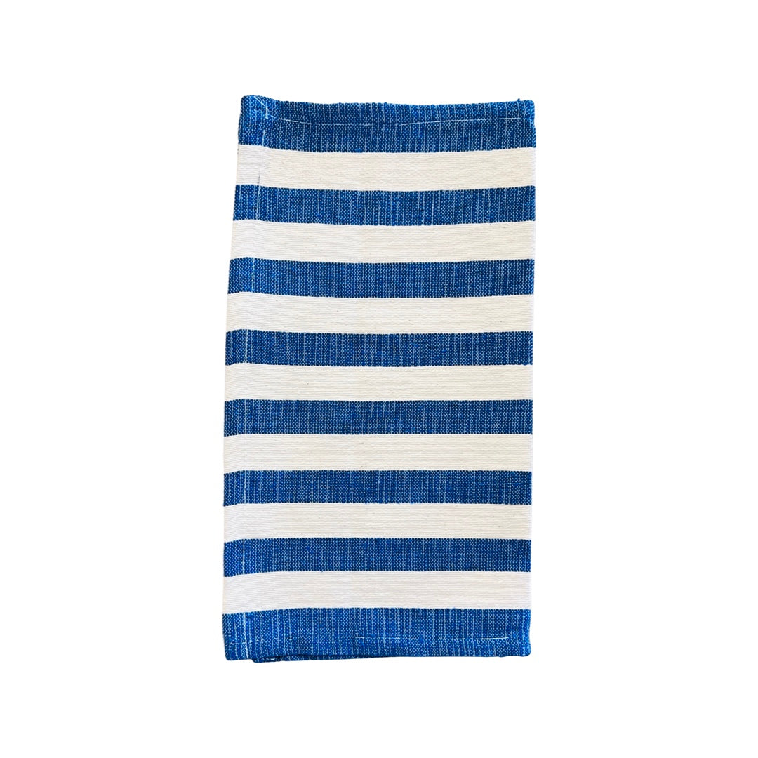 Natural and blue striped dish towel half folded