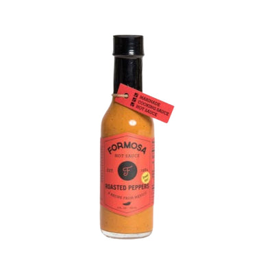 5oz bottle of Roasted Red Peppers Hot Sauce featuring a red and black branded label.