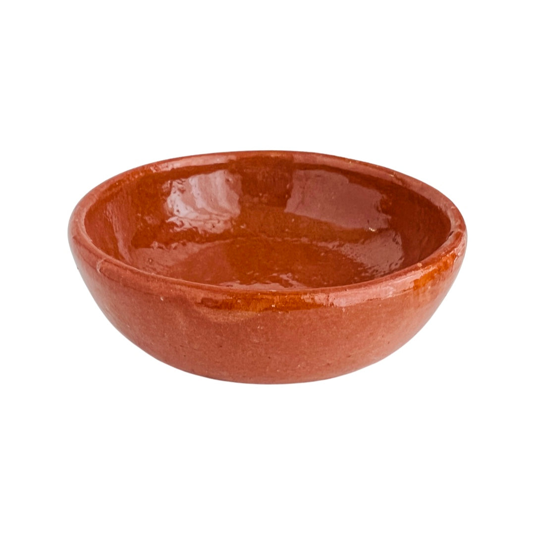 front view of glossy Red clay salsa bowl.