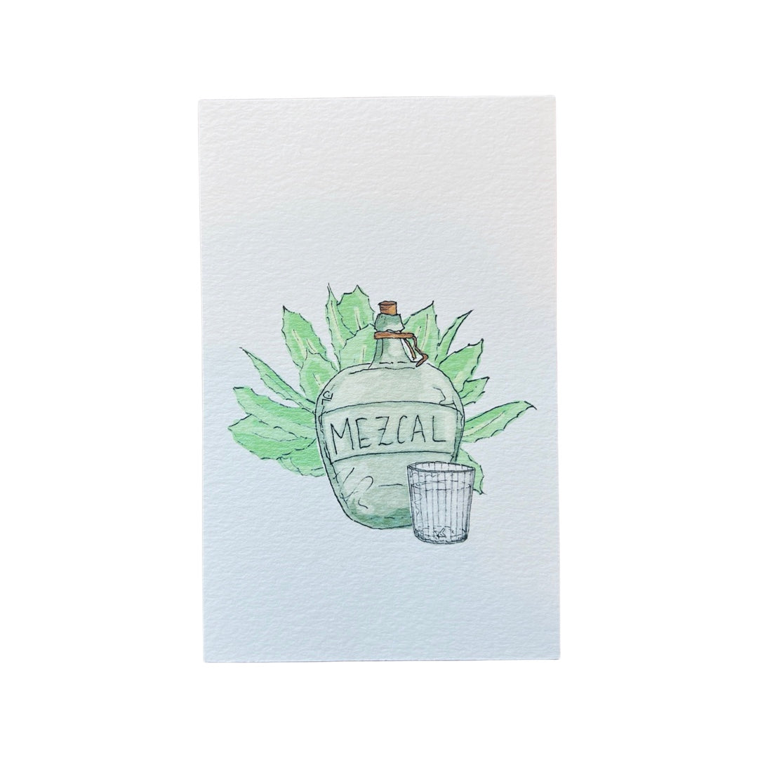 post card with an agave plant, mezcal bottle and a shot glass design